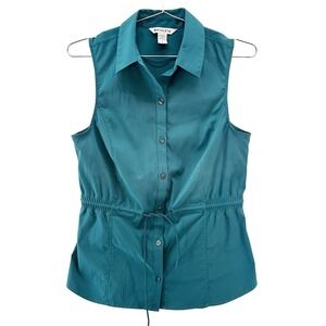 ATHLETA Levitate Poplin Button Up Tank NWOT • Small • blue-green